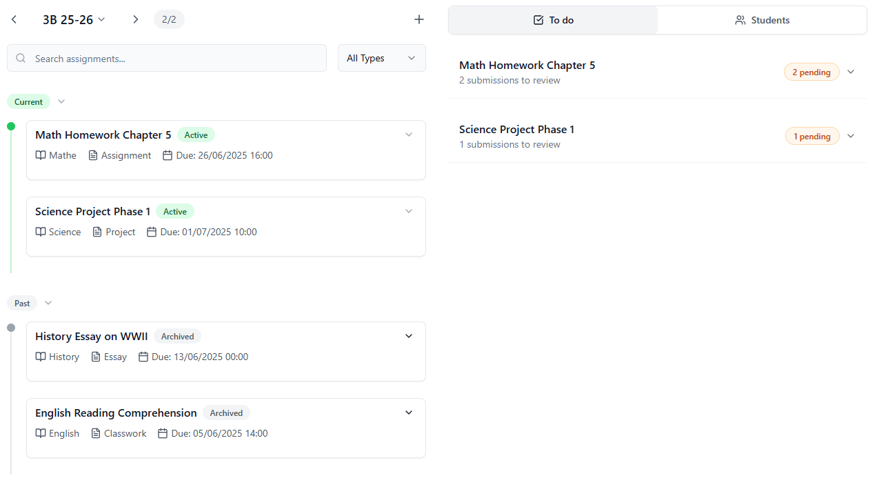 Class Management Dashboard showing organized classes, assignments, and student progress