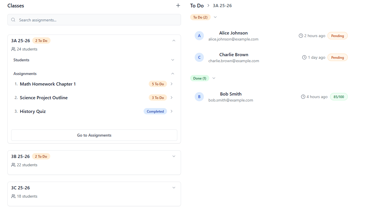 Dashboard showing multiple classes with student counts and assignment progress